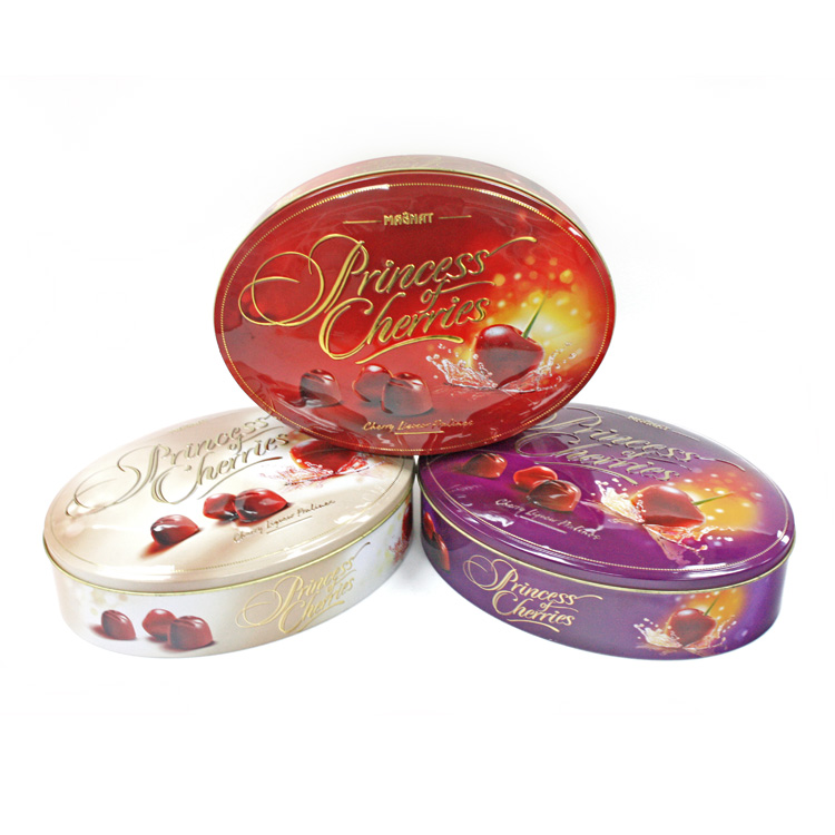 Oval chocolate tin with embossing by Tinpak